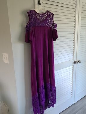 Purple Crochet Yoke Cold-Shoulder Maxi Dress